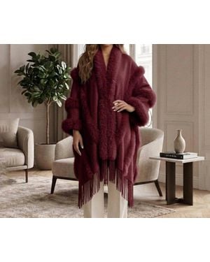 Sensibling Corp Faux Fur Trim Fringe Open Front Long Cape Coat Poncho - Purple