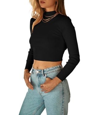 Endless Blu. Cropped Open-Back Mock Neck Sweater - Black