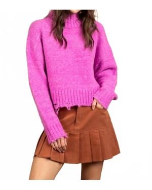 Fashion District LA Long Sleeve Mockneck Distressed Sweater - Pink