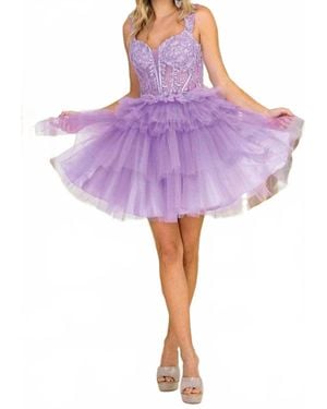 Dancing Queen Lace Applique Tiered Ruffle Skirt Tulle Party Dress - Purple