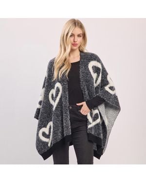 TRUEDAMES Fuzzy Heart Embossed Knit Shawl Winter Poncho - Black