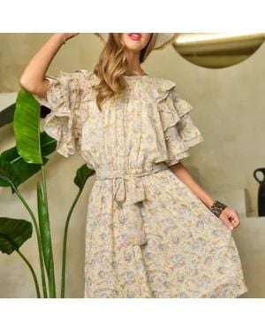 Davi & Dani Floral Ruffled Sleeve Mini Dress - Natural