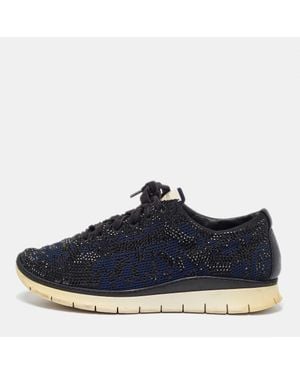 Le Silla Knit Fabric And Leather Crystal Embellished Low Top Sneakers - Blue