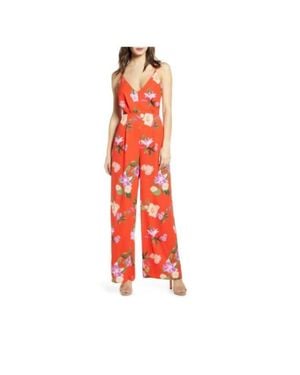 Astr Floral Chiffon V Neck Strappy Back Wide Leg Jumpsuit - Red