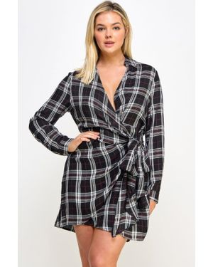 TRUEDAMES Plus Size Long Sleeve Plaid Side Tie Dress - Black
