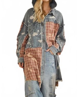 Oli & Hali Bleached Plaid Long Shacket With Hoodie - Gray