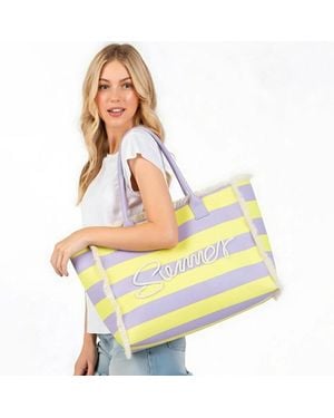 Fashnzfab Summer Message Embroidered Fringe Striped Tote Beach Bag - Yellow