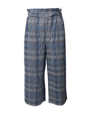 Ganni Seersucker Checked Wide-Leg Cropped Pants - Blue