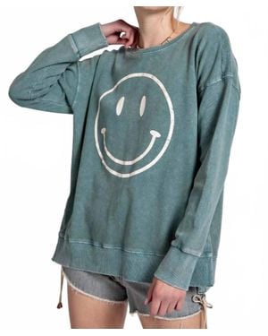 Easel Mineral Wash Smiley Happy Face Pullover - Blue