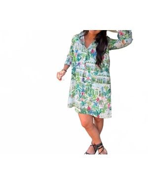 Vilagallo Glass Dome Palm Tree Garden House Ruffle Trim Dress - Blue