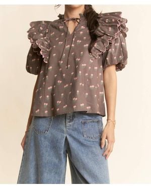 Davi & Dani Contrast Edge Ruffle Puff Sleeve Blouse Top - Multicolor