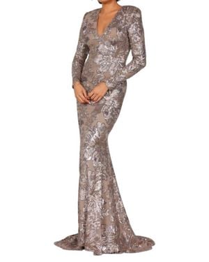 Terani Long Sleeves Long Sequined Mesh Evening Dress - Multicolor