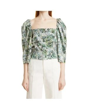 Vince Top Painted Floral Puff Sleeve Square Neck Blouse Jzz192 - Green