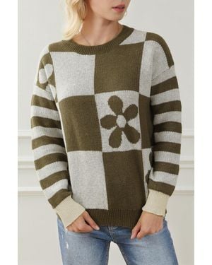 TRUEDAMES Checkered Floral Print Striped Sleeve Sweater - Green