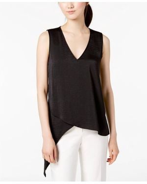 Anne Klein Washed Satin V-Neck Asymmetrical Blouse - Black