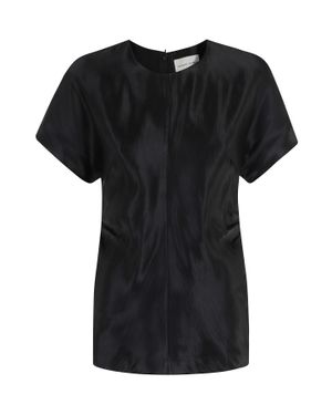 Loulou de Saison Pero Draped Linen-Silk Short-Sleeve Blouse - Black