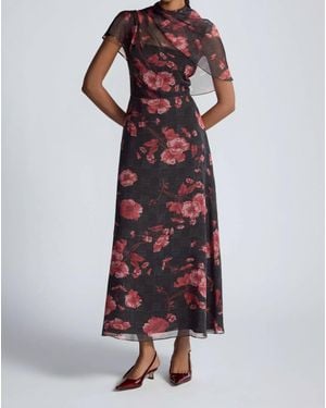 Lela Rose Floral Printed Glenn Plaid Chiffon Draped Bodice A-Line Dress - Red