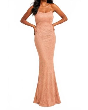 Faviana Crystal Embellished Mesh Long Dress With Lace-Up Back - Multicolor
