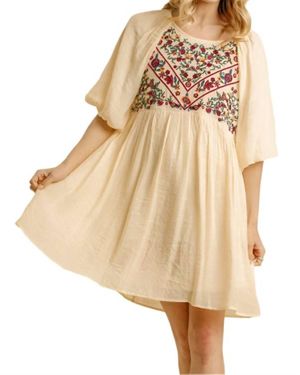 Umgee Floral Embroidered Balloon Sleeve Dress - Natural