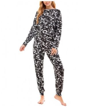 Roudelain Printed Crew Neck And Jogger Pajama Set - Black