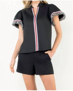 Thml Fringe Detail Short Sleeve V-Neck Top - Black