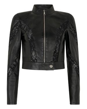 Philipp Plein Fitted Biker Jacket With Lace Inserts - Black