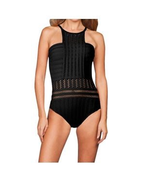 Kenneth Cole Tough Luxe Textured High Neck One Piece Swimsuit - Black