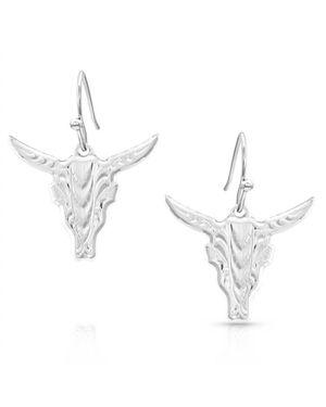 Montana Silversmiths Chiseled Steer Head Earrings - Metallic