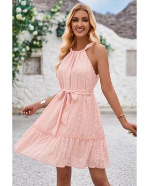 TRUEDAMES Fashnzfab Solid Halter Neck Sleeveless Waist Tie Ruffle Dres - Pink