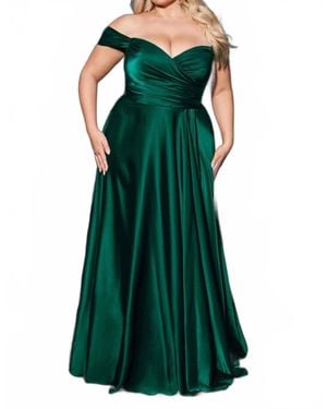 Cinderella Divine Off Shoulder A-Line Satin Gown - Green