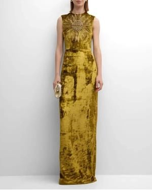 Lela Rose Embroidered Sleeveless Crushed Velvet Gown - Metallic