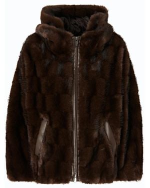 Pinko Plush Dark Checkered Fur Jacket With Hood And Leather Trim - Black