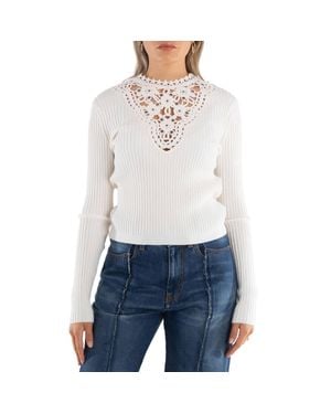 Rabanne Long Sleeve Floral Detail Knit Sweater - White