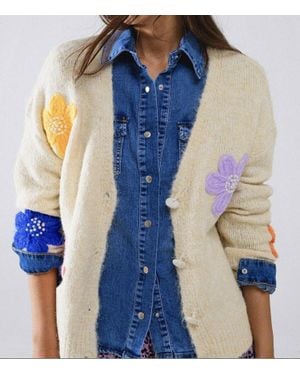 Q2 Embroidered Flowers Cardigan - Blue