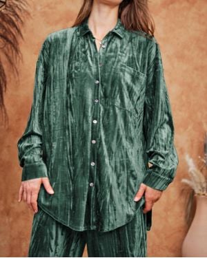 Davi & Dani Amy Button Down Velvet Top - Green