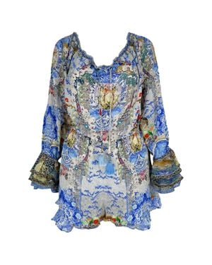 CAMILLA V-Neck Printed Romper - Blue