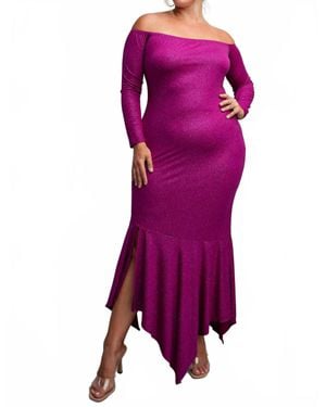 The Curve Plus Size Off Shoulder Metallic Knit Dress With Slit - Purple