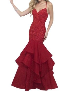 Blush Prom Lace Bodice Ruffled Mermaid Gown - Red
