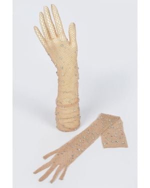 Fashnzfab Rhinestone Mesh Long Gloves - White