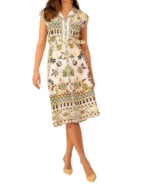 Hale Bob Belted Linen Printed Midi Dress - Yellow