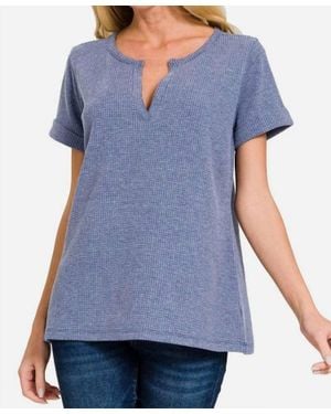 Zenana Melange Baby Waffle Shirt - Blue