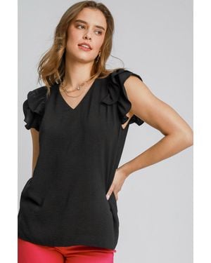 TRUEDAMES Full Size V-Neck Double Layered Ruffle Sleeve Blouse Plus Size - Black