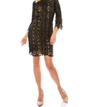 Aidan Mattox Three-Quarter Sleeve Sequined Short Lace Dress - Black