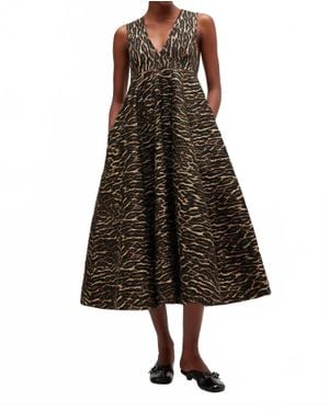 Ganni Metallic Cloque V-Neck Long Dress - Brown