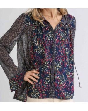 Umgee Mixed Floral Print Metallic Blouse - Blue