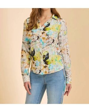Fdj Split Neck Print Long Sleeve Cotton Print Blouse - Blue