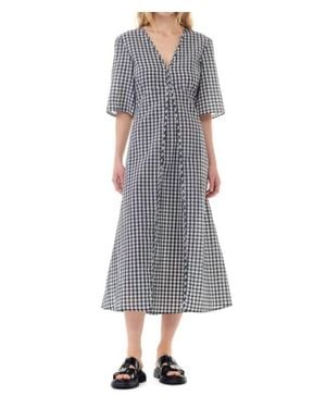 Ganni Seersucker Check V-Neck Long Dress - Gray