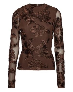 ROTATE BIRGER CHRISTENSEN Floral Appliqué Sheer Mesh Long-Sleeve Top - Brown