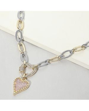 Fashnzfab 14K Plated Two Tone Cz Pave Heart Pendant Chunky Chain Necklace - Metallic