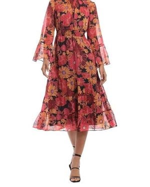 Donna Morgan Floral Mock Neck Tiered Ruffle A-Line Midi Dress